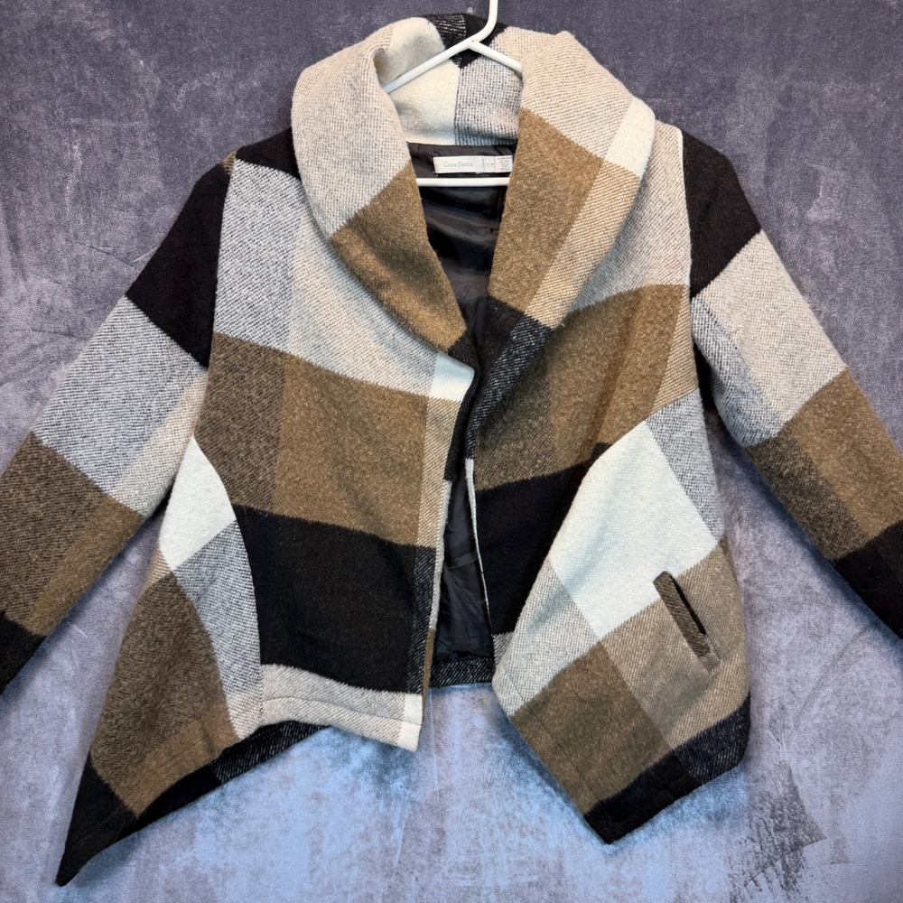 Costa Blanca Plaid Coat Womens Brown Regular M Wool Blend Shawl Collar Asymm